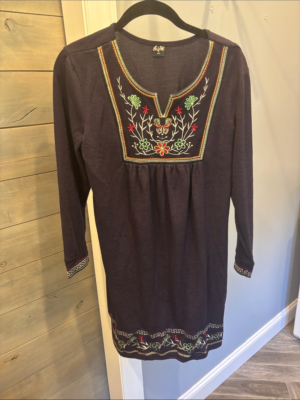 Highness Embroidered Floral Bib Knit Boho Tunic Dress - Size Small / Medium S/M